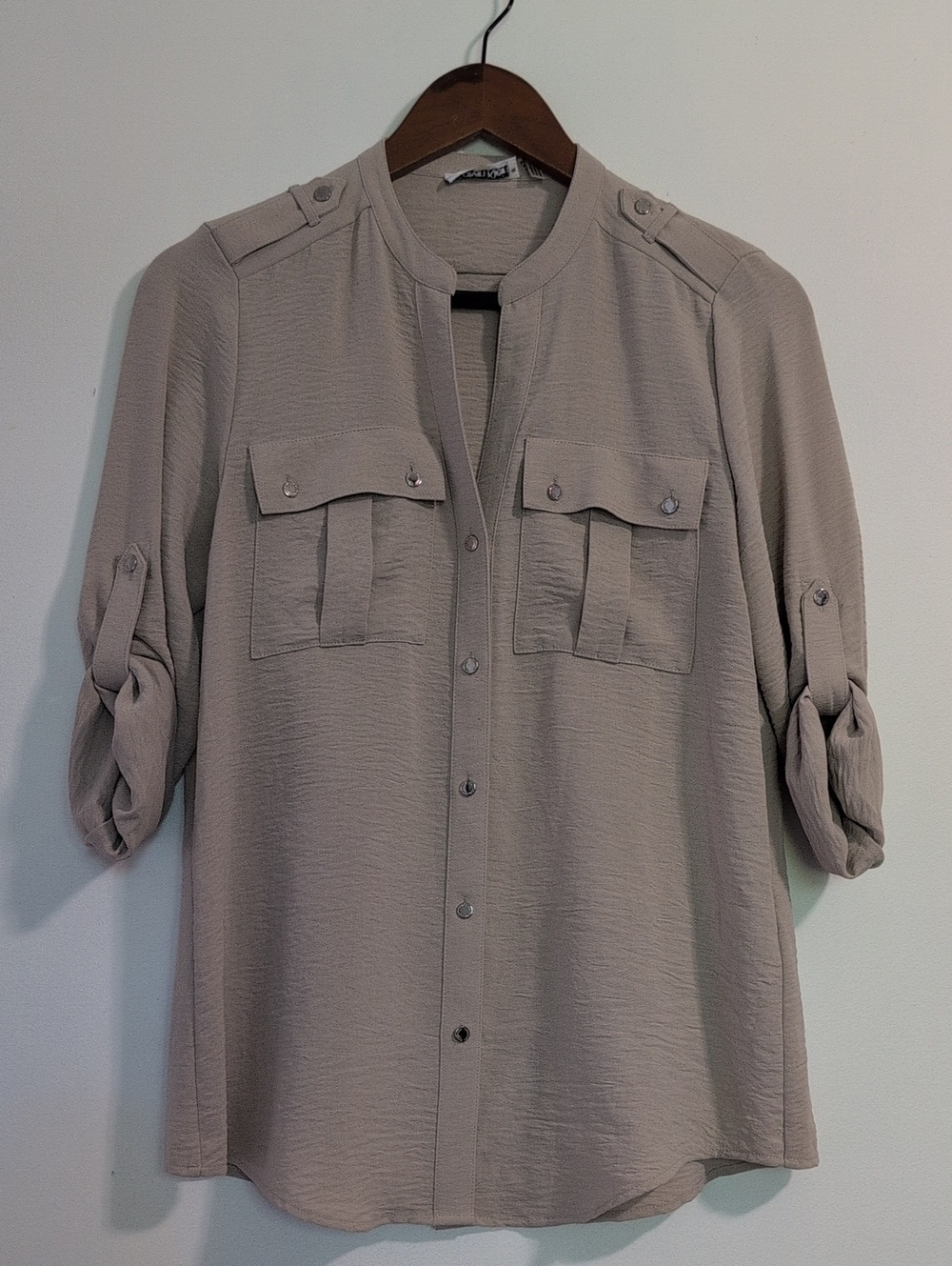 Light Taupe Roll-Sleeve Utility Shirt Jacket